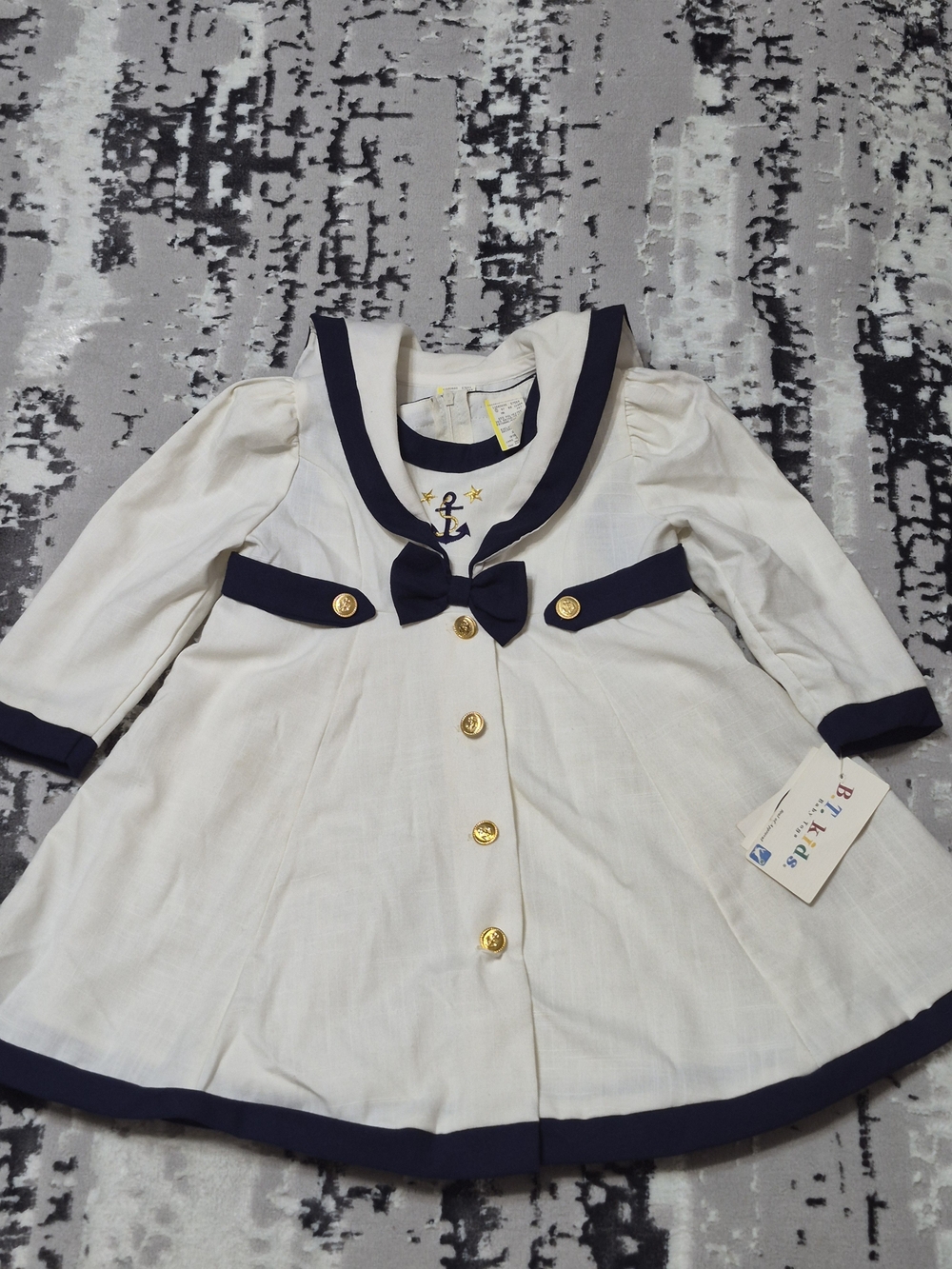 Vintage B.T. Kids SAILOR dress WHITE BLUE TRIM GOLD BUTTONS 2 PIECE SET DRESS